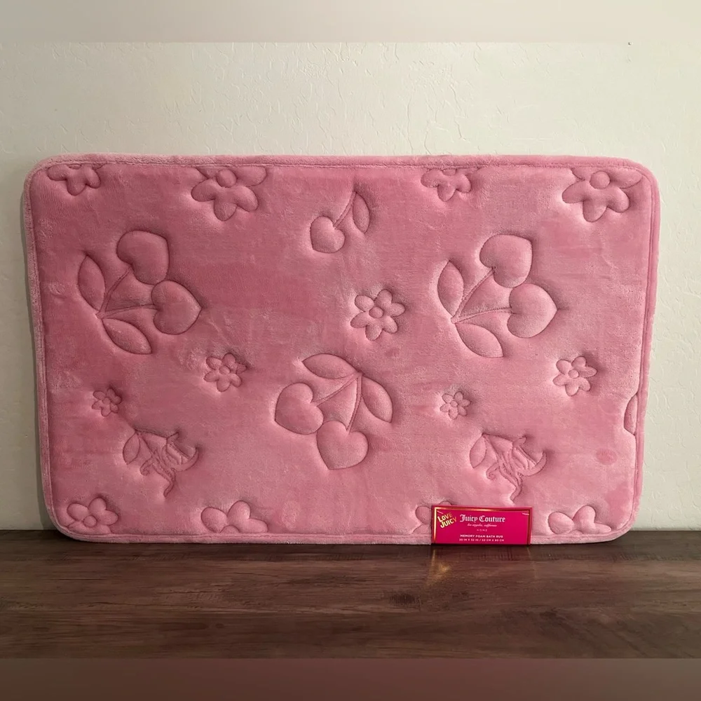 Juicy Couture Cherry Hearts Pink Floral Print Embossed Memory Foam Bath Mat